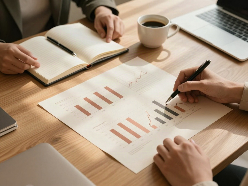 Business analysis charts and a notebook being reviewed around a warm oak table