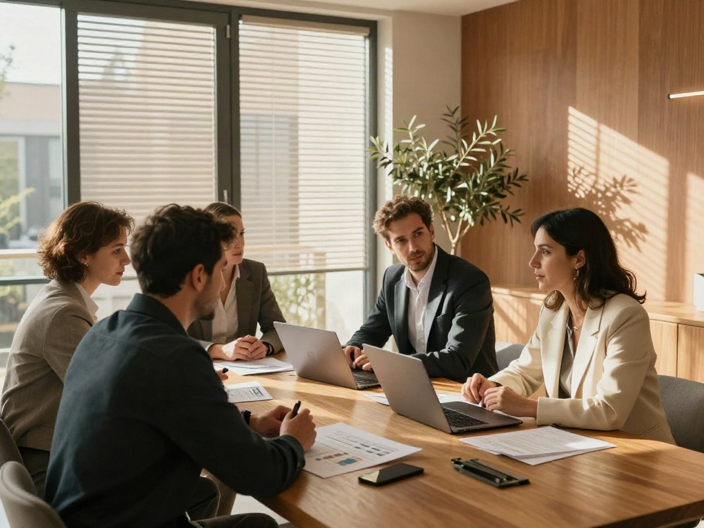 A consulting team collaborating on a business strategy in a sunlit meeting room